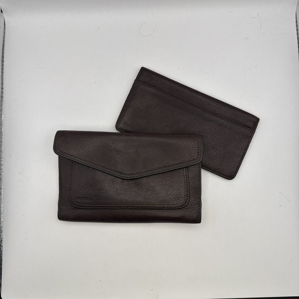 Fossil Brown Leather Wallet & Card Holder Set – Classic Bifold Organizer